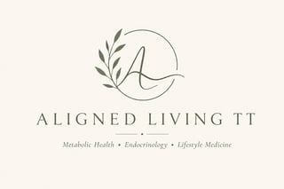 Aligned Living TT logo with stylized letter A and leaf design, featuring tagline about Metabolic Health, Endocrinology and Lifestyle Medicine